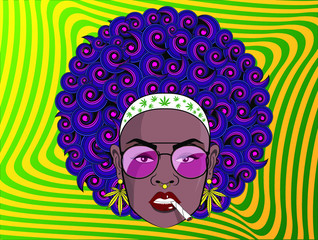 Funky black woman style with psychedelic afro hair, glasses, gold cannabis earrings and smoking marijuana cigarette