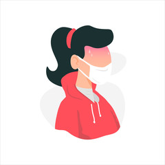 Flat character people woman fever with mask showing COVID-19 Coronavirus symptoms. Suitable for all needs, such as website design, brochures, banners, and mobile apps