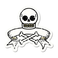 grunge sticker with banner of a skull and bones