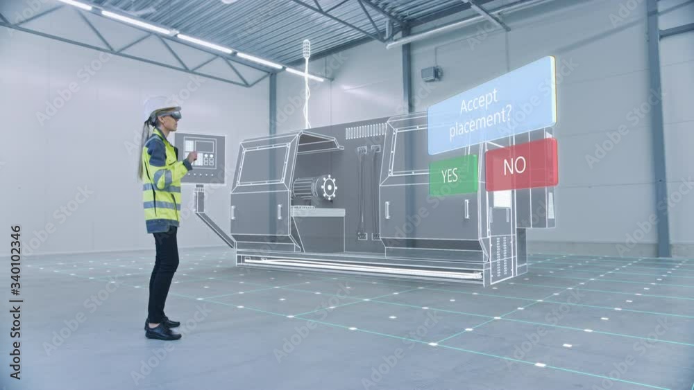 Aufkleber industry 4.0 modern factory: female engineer wearing augmented reality headset uses mixed reality an