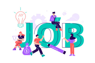 Flat vector illustration, job search, recruitment, workgroup, freelance, web graphic design. hiring and recruitment concept for web page, banner, presentation. Job interview, recruitment agency 