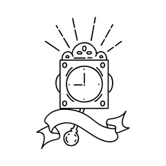 banner with black line work tattoo style ticking clock