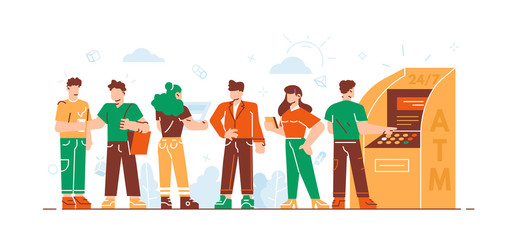 Business woman and man are standing in line