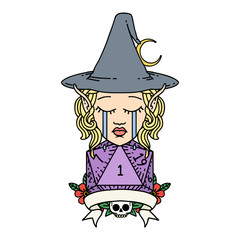 crying elf mage character with natural one dice roll illustration