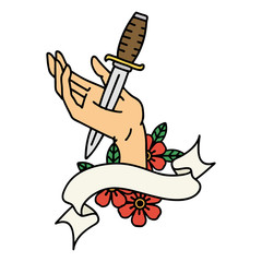 tattoo with banner of a dagger in the hand