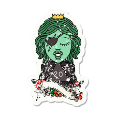 orc rogue character with natural twenty dice roll grunge sticker