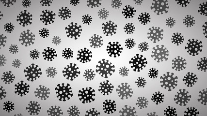 Background with symbols of virus, black on gray. Illustration on the coronavirus pandemic.