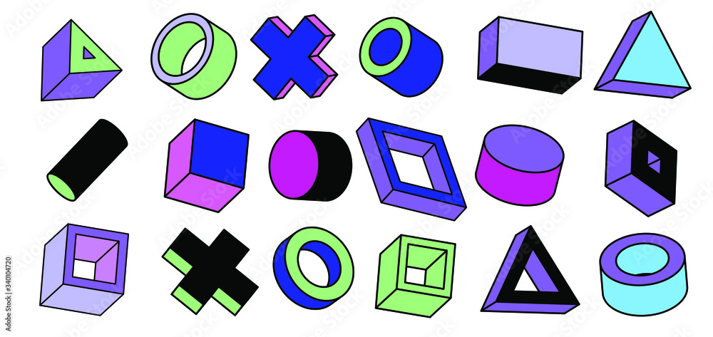Poster set of simple geometic 3d elements in bauhaus neo-memphis retro style, colored in punchy pastel colo