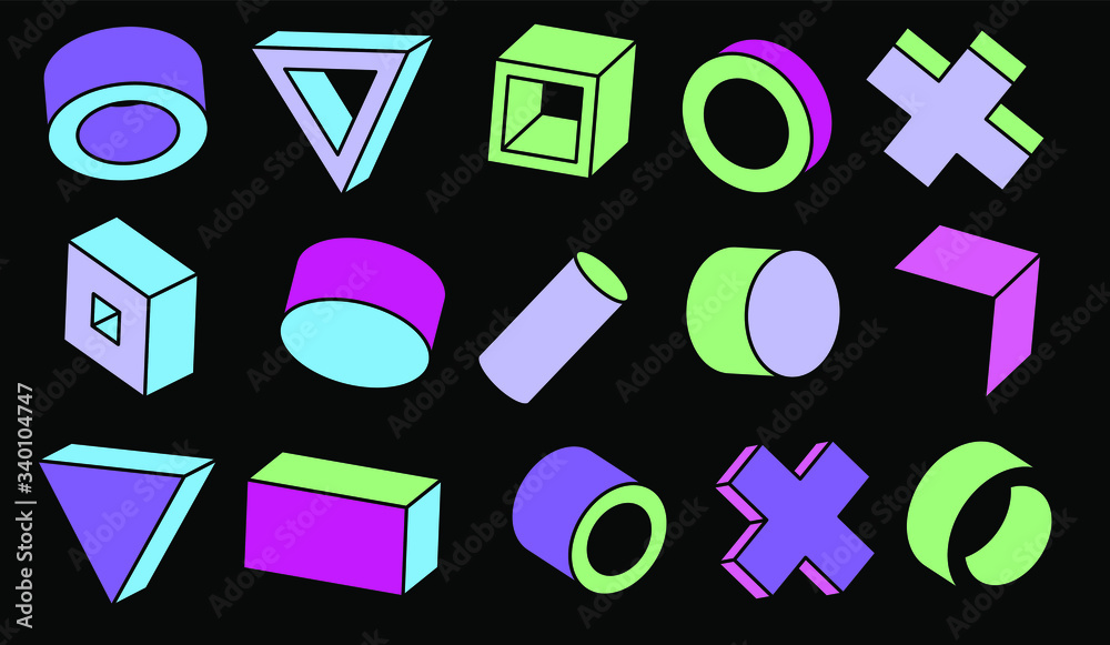 Poster set of simple geometic 3d elements in bauhaus neo-memphis retro style, colored in punchy pastel colo