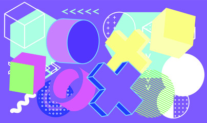 Set of simple geometic 3D elements in bauhaus neo-memphis retro style, colored in punchy pastel color scheme. Abstract geometric background for poster, cover, print.