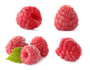 Set of fresh sweet raspberries on white background