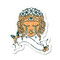 grunge sticker with banner of female face with third eye crying