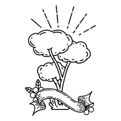 banner with black line work tattoo style tree