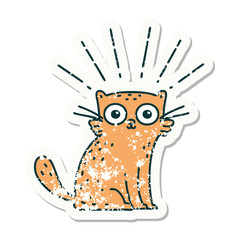 grunge sticker of tattoo style surprised cat