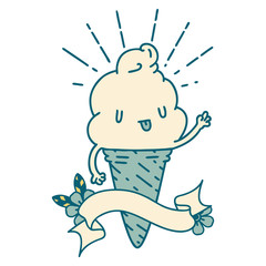 banner with tattoo style ice cream character waving