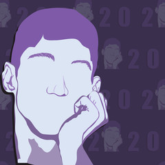 Sad/ depressed/worried young male/boy/man character drawing on a seamless pattern background. Banner/poster for joblessness due to recession caused by Coronavirus pandemic. Space for custom text. 