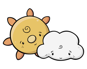 Vector drawing of a cute sun with facial features and a cloud smiling. Can represent nice weather, the sky, a forecast, meteorology, summer, spring, sunlight, sunshine or the atmosphere.