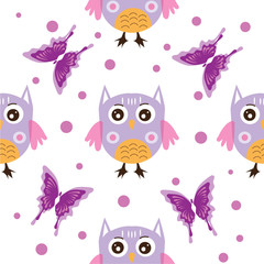 childish patterns, with cute owls, butterflies, for fabrics, wrappings, textiles. vector design