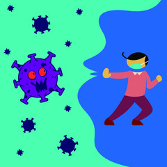 illustration of a virus that has a purple color with scary expressions and people who is driving away with his hands / his actions
