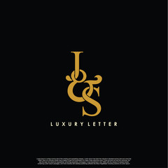 Initial letter J & S JS luxury art vector mark logo, gold color on black background.