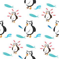 childish patterns, with cute penguins, fish. for cloth, wrappers, textiles. vector design