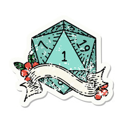 natural one d20 dice roll grunge sticker
