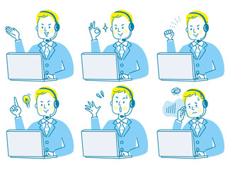 パソコン　コールセンター　若い男性　表情　セット