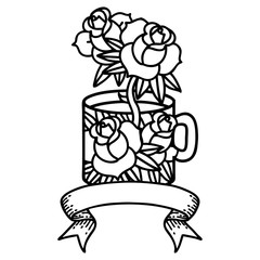 black linework tattoo with banner of a cup and flowers