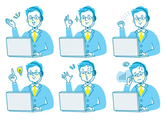 パソコン　コールセンター　若い男性　表情　セット