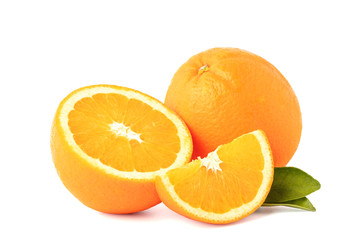 Orange fruit with cut half and slice with green leaf isolated on white background with clipping path