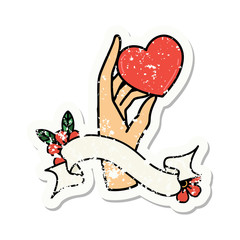 grunge sticker with banner of a hand holding a heart