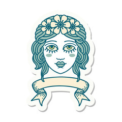 tattoo sticker with banner of female face with crown of flowers