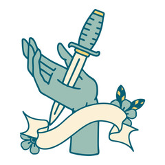 tattoo with banner of a dagger in the hand