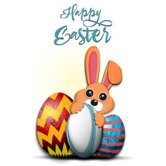 Happy Easter. Easter eggs, rabbit and rugby ball