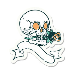 grunge sticker with banner of a skull and rose