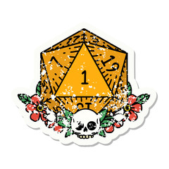 natural one dice roll with floral elements grunge sticker