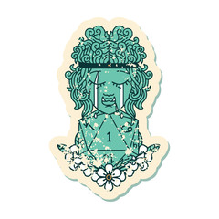 sad orc barbarian character face with natural one d20 roll illustration