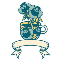 tattoo with banner of a cup and flowers