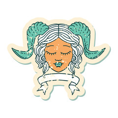 tiefling character face with scroll banner illustration