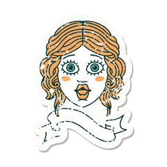 grunge sticker with banner of female face
