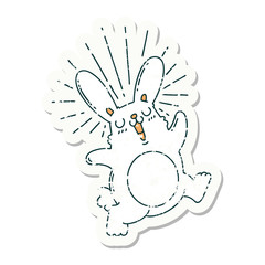 grunge sticker of tattoo style prancing rabbit