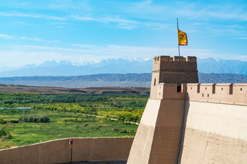 The majestic Jiayuguan Great Wall Corner Tower in Gansu Province, China.The turret of the Great Wall in Jiayuguan, Gansu, China