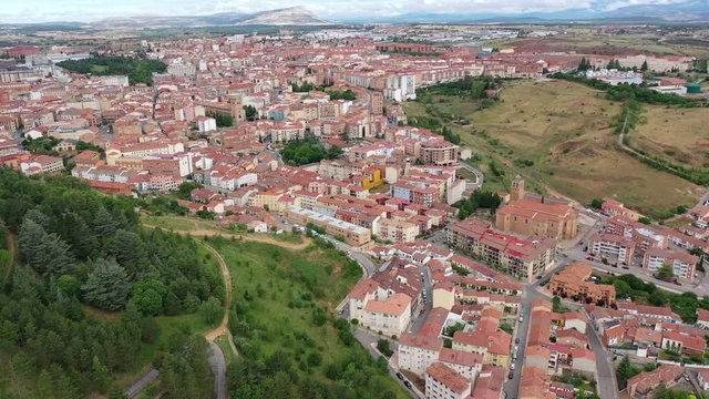 Panoramic view from the drone on the city Soria. Spain