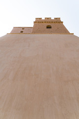 The majestic Jiayuguan City watchtower in Gansu Province, China. Chinese characters on black plaque: Jiayuguan.The majestic Jiayuguan Great Wall Corner Tower in Gansu , China.The turret of the wall © Liu Lei