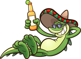 Mexican iguana holding a beer. Vector clip art illustration with simple gradients. All in a single layer.
 - obrazy, fototapety, plakaty