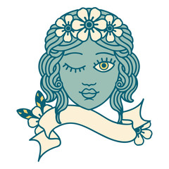 tattoo with banner of a maidens face winking