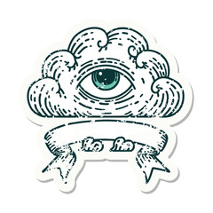 grunge sticker with banner of an all seeing eye cloud