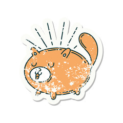 grunge sticker of tattoo style happy cat