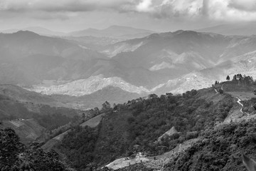 dframatic black and white mountain landscape in the mountains of the caribbean.
