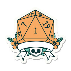 natural one d20 dice roll sticker